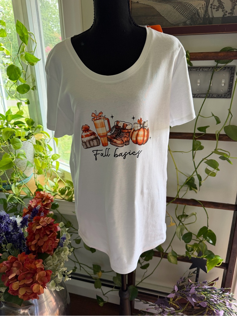 White Short Sleeve Tee with Fall Basics Graphic Will Fit XL